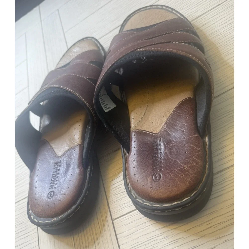 Magellan Men's Brown‎ Leather Outdoor River II Slides Sandals Sz 10. Nature